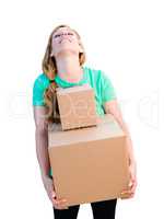 Tired Young Adult Woman Holding Moving Boxes Isolated On A White