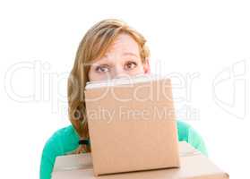 Happy Young Adult Woman Holding Moving Boxes Isolated On A White