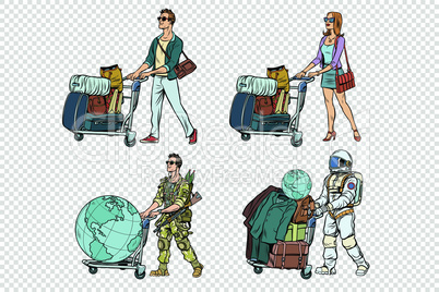 Set travelers man woman soldier and astronaut
