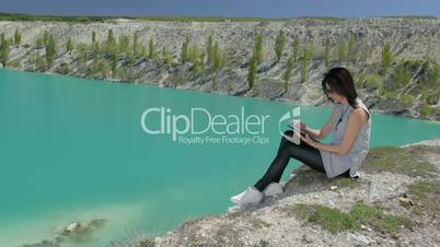 Woman Use A Tablet, Beautiful View Of Lake, Landscape