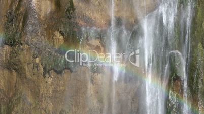 Rainbow on a Waterfall Close-Up. Slow Motion