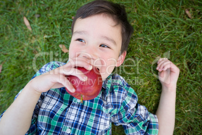 Mixed Race Chinese and Caucasian Young Boy With Apple Relaxing O