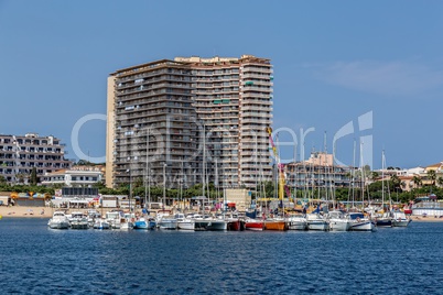 Harbor and hotels at village Palamos on the Costa Brava in Spain