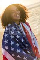 Mixed Race African American Girl Teenager Wrapped in USA Flag on