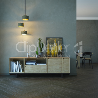 living room interior with wooden sideboard