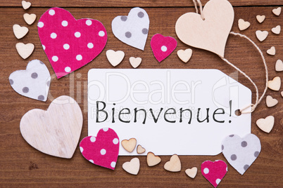 Label, Pink Hearts, Text Bienvenue Means Welcome