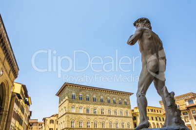 Michelangelo's David statue standing in front of the Palazzo Vec