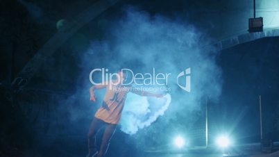 Acrobatic Dance Choreography Performance Free Runner Parkour Back Flip Slow Motion With Colored Smoke Sticks