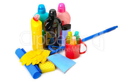 Mops, bottles detergent and rubber gloves