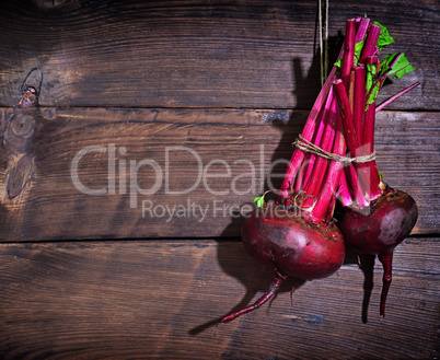 Two fresh red beets hang on a rope