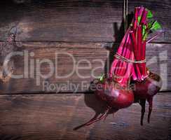 Two fresh red beets hang on a rope