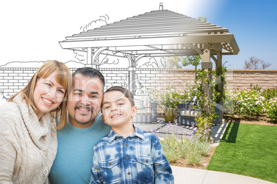 Mixed Race Family In Front of Drawing Gradating Into Photo of Fi