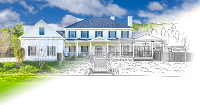 House Blueprint Drawing Gradating Into Completed Photograph.