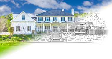 House Blueprint Drawing Gradating Into Completed Photograph.