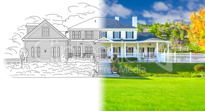 House Blueprint Drawing Gradating Into Completed Photograph.