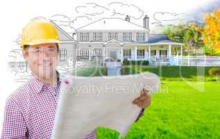 Male Contractor Wearing Hard Hat In Front of House Drawing Grada