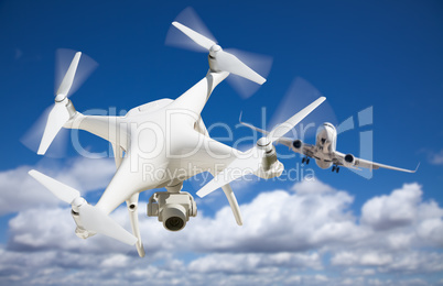 Unmanned Aircraft System (UAV) Quadcopter Drone In The Air Too C