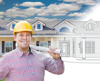 Male Contractor Wearing Hard Hat In Front of House Drawing Grada
