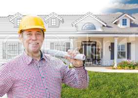 Male Contractor Wearing Hard Hat In Front of House Drawing Grada