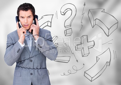 Frustrated business man with phone against 3d blurry grey stairs and math graphics