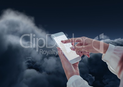 Hand Texting in 3D dark cloudy sky