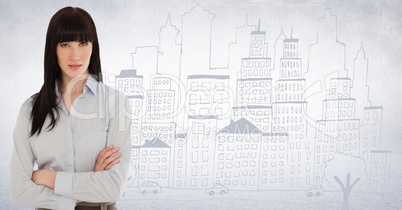 Business woman arms folded against white wall and city doodle