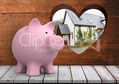 3D pink piggy bank in front of wood with heart hole where we can see a house blue door(blurred)