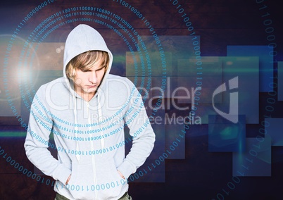 Blond hair hacker in front of blue digital background
