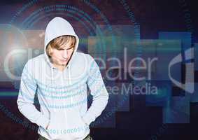Blond hair hacker in front of blue digital background