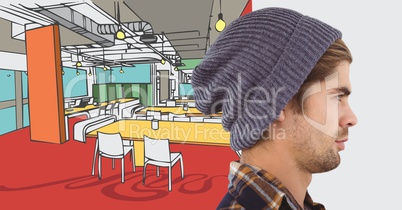 Millennial man in beanie against 3D hand drawn office and white transition