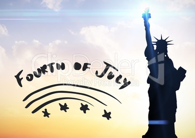 Grey fourth of July graphic against evening sky with statue of liberty