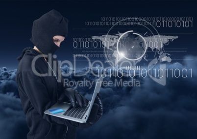 Hacker using a laptop in front of cloudy background