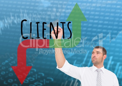 Businessman drawing graphic about Clients with red and green arrows. Stock market background