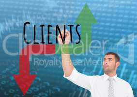 Businessman drawing graphic about Clients with red and green arrows. Stock market background