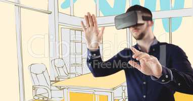 Man in virtual reality headset hands out against yellow hand drawn office