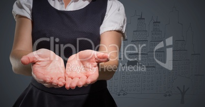 Business woman mid section with hands out against grey background with city doodle