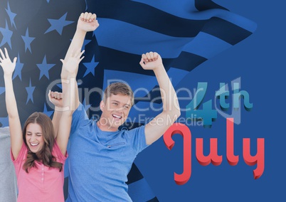 happy couple raising their arms for the 4th of july