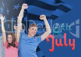 happy couple raising their arms for the 4th of july