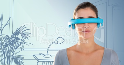 Woman in blue virtual reality headset against 3D blue hand drawn office