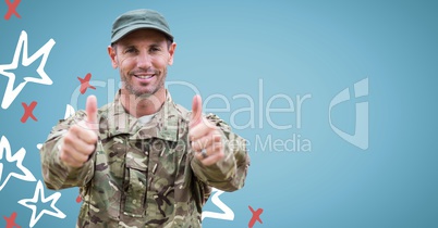 Soldier giving two thumbs up against blue background with red and white hand drawn star pattern