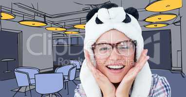 Millennial woman in panda hat against 3D  blue hand drawn office