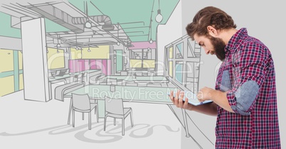 Millennial man with tablet against 3D hand drawn office