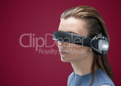 Woman in virtual reality headset against maroon background