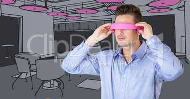 Business man in pink virtual reality headset against 3D grey and pink hand drawn office