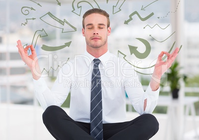 Business man meditating in blurry white office surrounded by 3D green arrow doodles