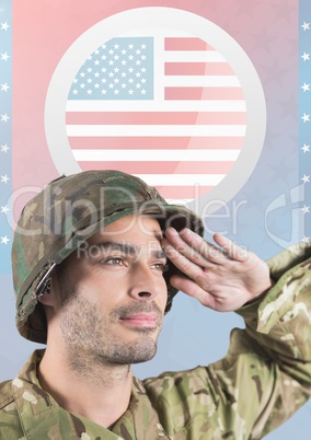 American soldier saluting  against american flag