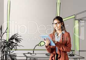 young businesswoman smiling with tablet in front of the blueprint of the new office