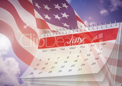 3D July calendar with flutterinf american flag in background