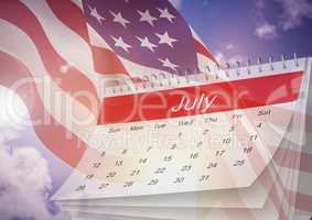 3D July calendar with flutterinf american flag in background