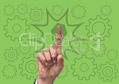 Hand pointing at 3D lightbulb and cog graphics against green background